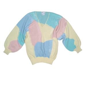 NWOT 80's Vintage Pastel Sweater with Beading Size M Yellow Blue Pink Green
